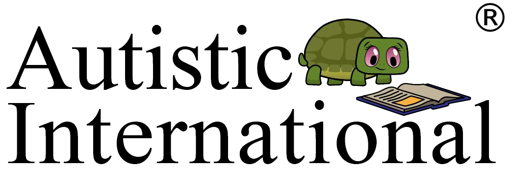Cartoon turtle on book with Autistic International text